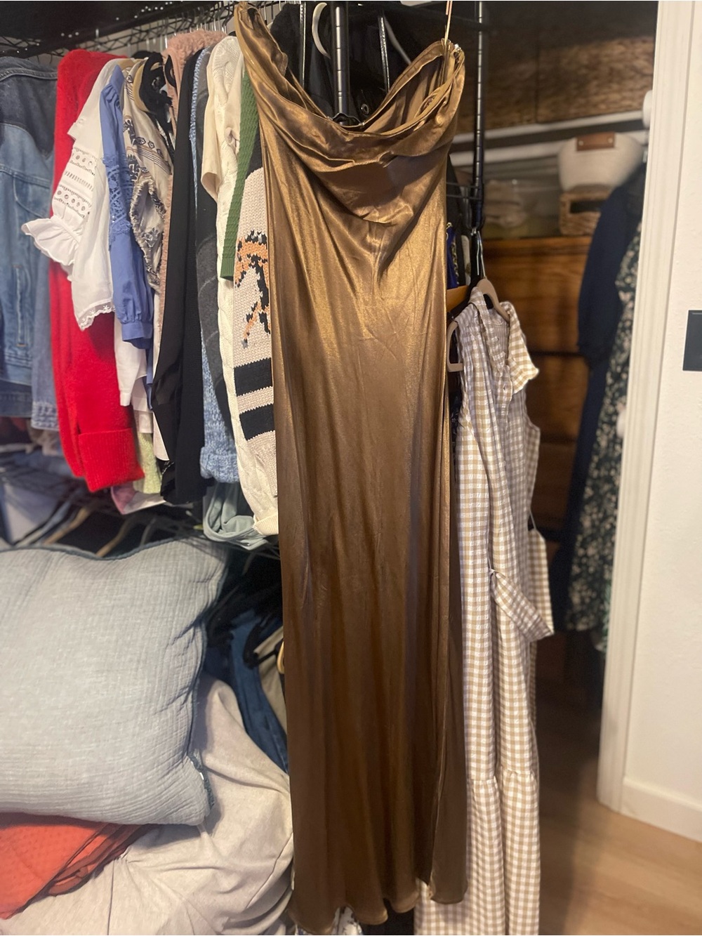 Strapless Brown Satin Slip Midi Dress - Picture 5 of 5